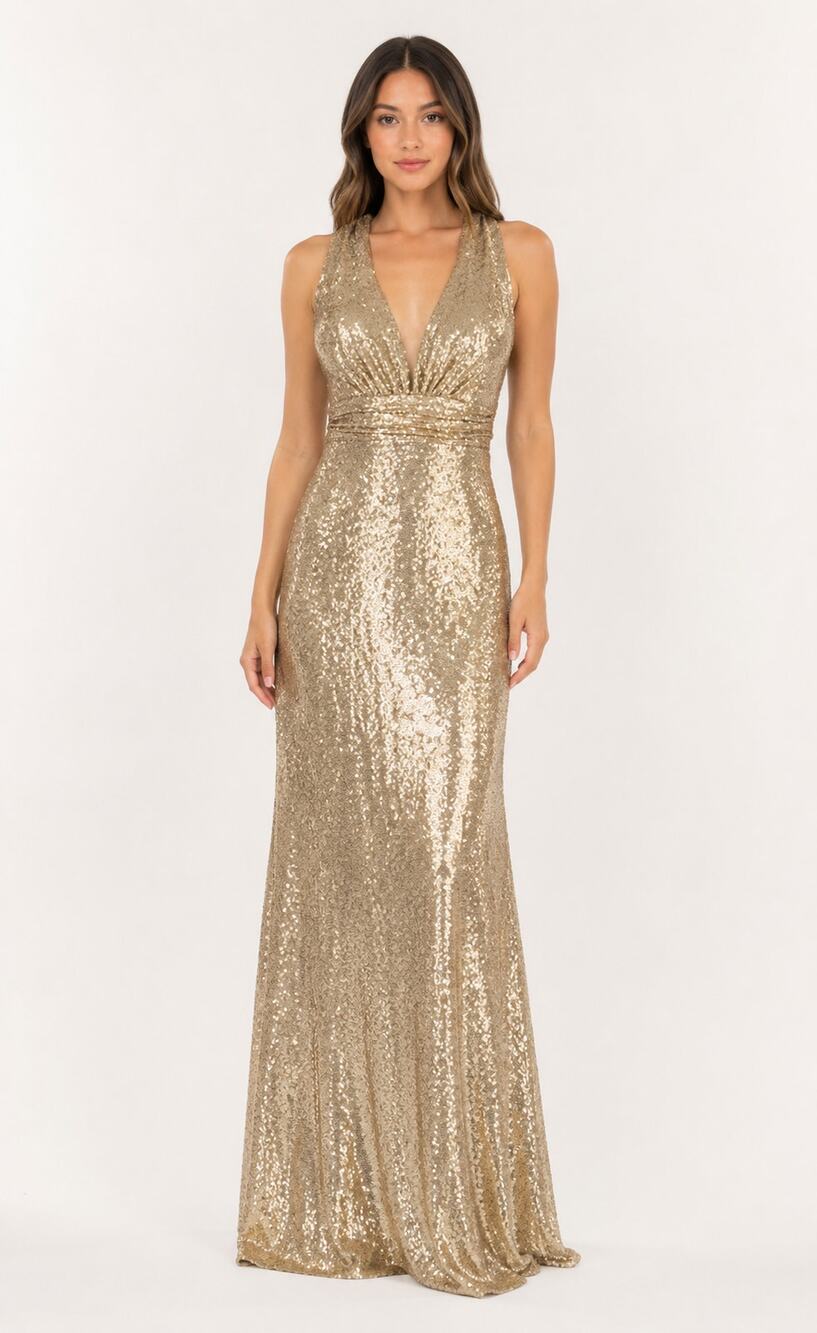 Revelry Dylan Sequin Maxi Dress Gold Womens Size 2 Bridesmaid Gown
